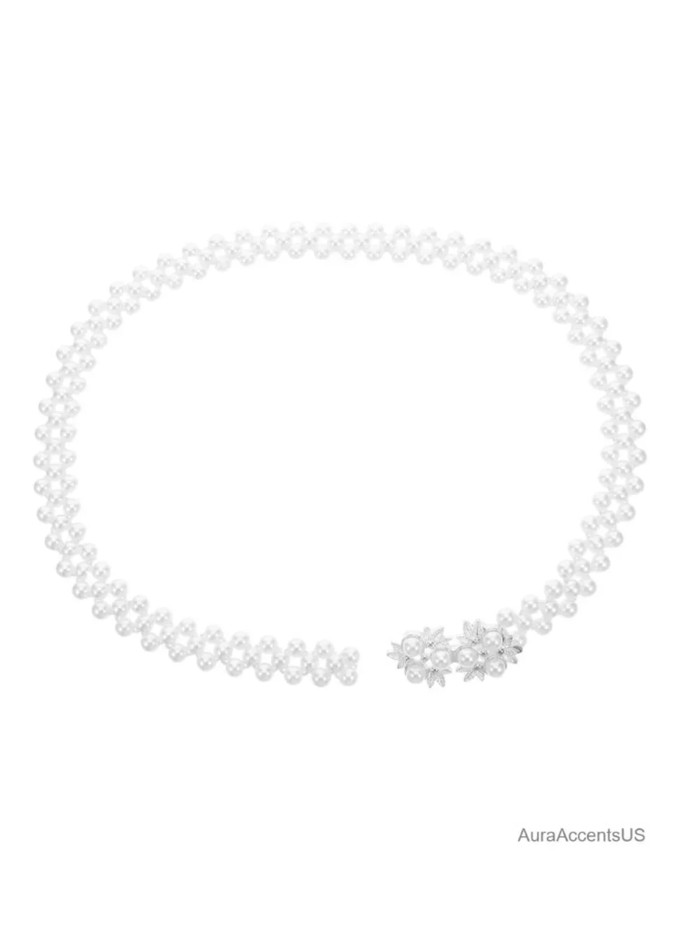 Rhinestone Pearl Waist Belt with Leaves Design Elastic Waistband for Dresses